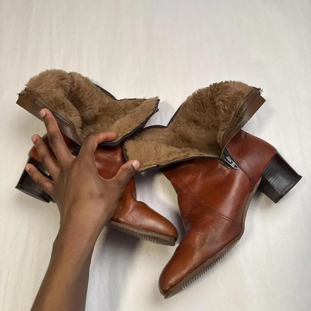Rare Vintage 70s/80s Cognac Leather Faux Fur‎ Lined Boots -Size 8
